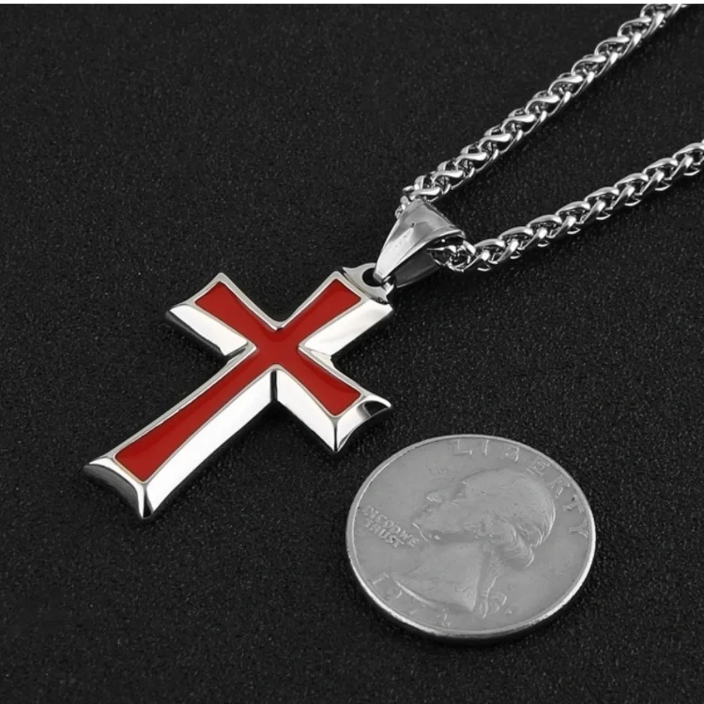Silver & Red-Men's Stainless Steel Cross Pendant Necklace